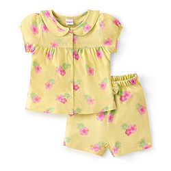 Babyhug Cotton Single Jersey Knit Half Sleeves Shorts Night Suit Floral Print - Green
