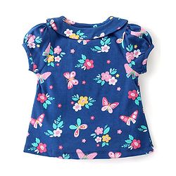 Babyhug Cotton Knit Half Sleeves Peter Pan Collar Neck Top & Shorts  Night Suit   Floral Print - Blue