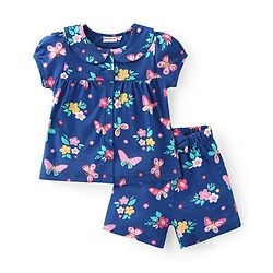 Babyhug Cotton Knit Half Sleeves Peter Pan Collar Neck Top & Shorts  Night Suit   Floral Print - Blue