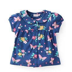 Babyhug Cotton Knit Half Sleeves Peter Pan Collar Neck Top & Shorts  Night Suit   Floral Print - Blue