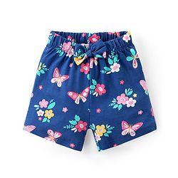 Babyhug Cotton Knit Half Sleeves Peter Pan Collar Neck Top & Shorts  Night Suit   Floral Print - Blue