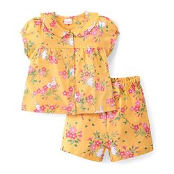 Babyhug Cotton Knit Single Jersey Puff Sleeves and Peter Pan Collar Front Open Short Night Suit  With Floral Print - Yellow