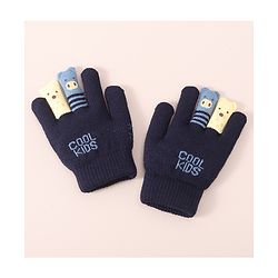 Babyhug Woolen Gloves Set Face & Text Design - Navy Blue