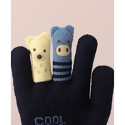 Babyhug Woolen Gloves Set Face & Text Design - Navy Blue