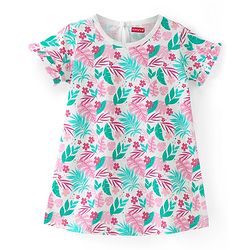 Babyhug Cotton Knit Half Sleeves Nighty With Floral & Leafy Print - Multicolour