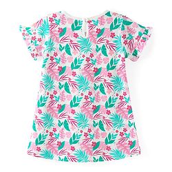 Babyhug Cotton Knit Half Sleeves Nighty With Floral & Leafy Print - Multicolour