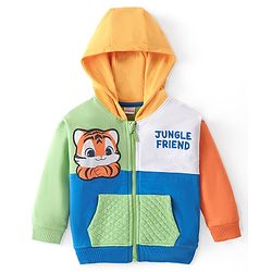 Babyhug Cotton Knit Full Sleeves Front Open Hooded Sweatjacket With Cut & Sew Design & Tiger Patch Detailing - Multicolour