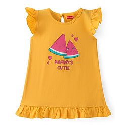 Babyhug Cotton Knit Flutter Sleeves Nighty With Watermelon Print - Multicolor