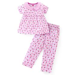 Babyhug Cotton Knit Half Sleeves Peter Pan Collared Night Suit With Fruits Print - PInk