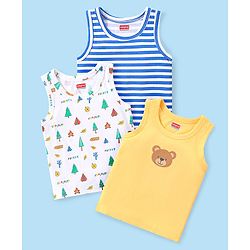 Babyhug 100% Organic Cotton Knit Sleeveless Set of  Vests with Striped & Bear Print Pack of 3 - Multicolour