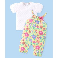Babyhug Single Jersey Knit Half Sleeves T-Shirt & Dungaree Set Floral Print - Multicolor