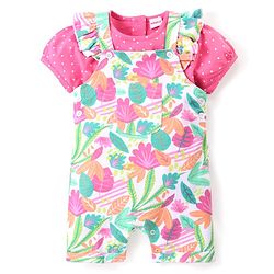 Babyhug Single Jersey Knit Dungaree with Frill Detailing & Half Sleeves T-Shirt Polka Dots & Leaves Print - Multicolour