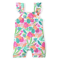 Babyhug Single Jersey Knit Dungaree with Frill Detailing & Half Sleeves T-Shirt Polka Dots & Leaves Print - Multicolour