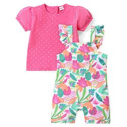 Babyhug Single Jersey Knit Dungaree with Frill Detailing & Half Sleeves T-Shirt Polka Dots & Leaves Print - Multicolour