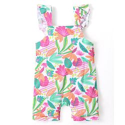 Babyhug Single Jersey Knit Dungaree with Frill Detailing & Half Sleeves T-Shirt Polka Dots & Leaves Print - Multicolour