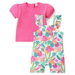 Babyhug Single Jersey Knit Dungaree with Frill Detailing & Half Sleeves T-Shirt Polka Dots & Leaves Print - Multicolour