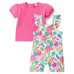 Babyhug Single Jersey Knit Dungaree with Frill Detailing & Half Sleeves T-Shirt Polka Dots & Leaves Print - Multicolour