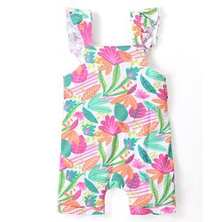 Babyhug Single Jersey Knit Dungaree with Frill Detailing & Half Sleeves T-Shirt Polka Dots & Leaves Print - Multicolour