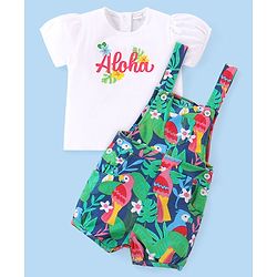 Babyhug Cotton Knit Half Sleeves T-Shirt & Dungaree Set with Tropical Theme- Multicolor