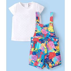 Babyhug Cotton Knit Half Sleeves T-Shirt & Dungaree Set with Tropical Theme - Multicolour