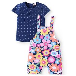 Babyhug Cotton Knit Dungaree and Half Sleeves Top Set Floral Print - Multicolor
