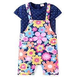 Babyhug Cotton Knit Dungaree and Half Sleeves Top Set Floral Print - Multicolor