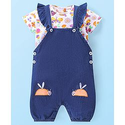 Babyhug Single Jersey Knit Dungaree with Half Sleeves Inner Tee Floral Print &  Bees Embroidery - White & Blue