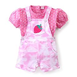 Babyhug Cotton Knit Fruity Embroidered Dungaree with Half Sleeves Inner Tee Polka Dots Print - Pink & White