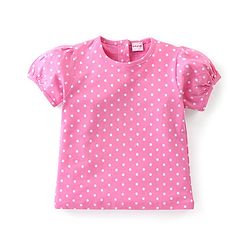 Babyhug Cotton Knit Fruity Embroidered Dungaree with Half Sleeves Inner Tee Polka Dots Print - Pink & White