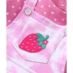 Babyhug Cotton Knit Fruity Embroidered Dungaree with Half Sleeves Inner Tee Polka Dots Print - Pink & White