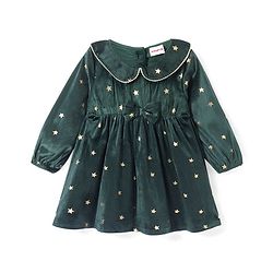 Babyhug Woven Full Sleeves Peter Pan Collar Frock With Foil Star Print & Bow Applique - Green
