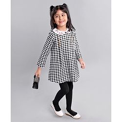 Babyhug Cotton Woven Full Sleeves Checkered Collared Frock with Floral Embroidery - Black & White