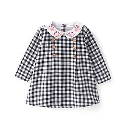 Babyhug Cotton Woven Full Sleeves Checkered Collared Frock with Floral Embroidery - Black & White