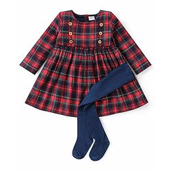 Babyhug Cotton Woven Full Sleeves Checked Frock with Leggings - Red