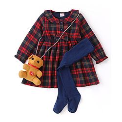 Babyhug Cotton Woven Full Sleeves Checkered Peter Pan Collared Frock with Leggings & Teddy Sling - Navy Blue & Red
