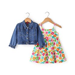 Babyhug Single Jersey Knit Floral Printed Frock with Full Sleeves Denim Jacket - White