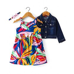 Babyhug Single Jersey Knit Abstract Printed Frock With Full Sleeves Denim Jacket & Headband - Multicolor
