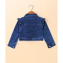 Babyhug Single Jersey Knit Floral Printed Frock With Full Sleeves Floral Embroidered Denim Jacket - White & Blue
