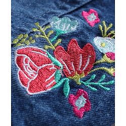 Babyhug Single Jersey Knit Floral Printed Frock With Full Sleeves Floral Embroidered Denim Jacket - White & Blue