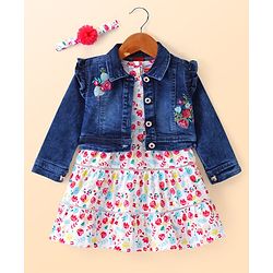 Babyhug Single Jersey Knit Floral Printed Frock With Full Sleeves Floral Embroidered Denim Jacket - White & Blue