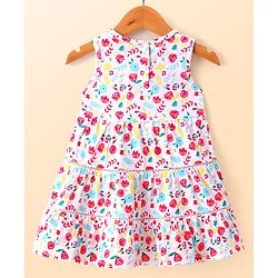 Babyhug Single Jersey Knit Floral Printed Frock With Full Sleeves Floral Embroidered Denim Jacket - White & Blue