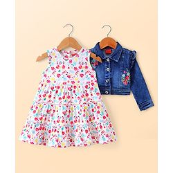 Babyhug Single Jersey Knit Floral Printed Frock With Full Sleeves Floral Embroidered Denim Jacket - White & Blue