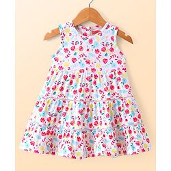 Babyhug Single Jersey Knit Floral Printed Frock With Full Sleeves Floral Embroidered Denim Jacket - White & Blue