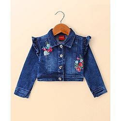 Babyhug Single Jersey Knit Floral Printed Frock With Full Sleeves Floral Embroidered Denim Jacket - White & Blue