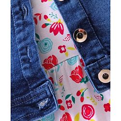 Babyhug Single Jersey Knit Floral Printed Frock With Full Sleeves Floral Embroidered Denim Jacket - White & Blue