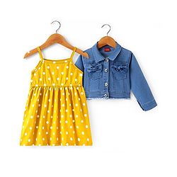 Babyhug Cotton Knit Frock with Full Sleeves Denim Jacket & Polka Dots Print - Yellow