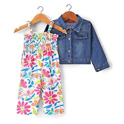 Babyhug Single Jersey Floral Printed Jumpsuit with Full Sleeves Denim Jacket - White & Navy Blue