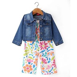 Babyhug Single Jersey Floral Printed Jumpsuit with Full Sleeves Denim Jacket - White & Navy Blue
