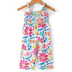 Babyhug Single Jersey Floral Printed Jumpsuit with Full Sleeves Denim Jacket - White & Navy Blue