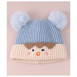 Babyhug Cable Knitted Woollen Cap with Pom Pom - Blue